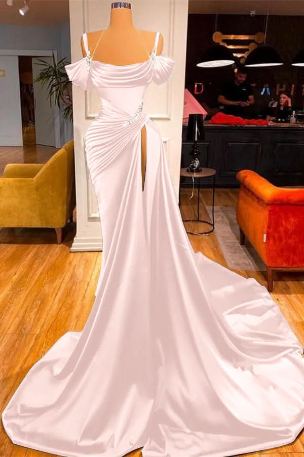 Green Off-the-Shoulder Prom Dress with Long Slit and Pleated Detail BM bride