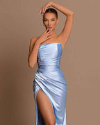 Simple Baby Blue Mermaid Strapless Pleated Prom Dress With Split Unique Style