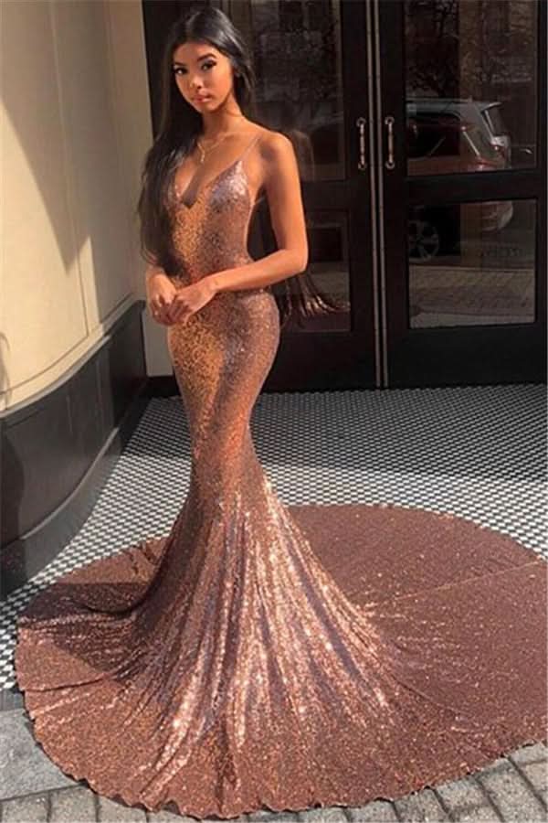 Sequins Mermaid Prom Dress Spaghetti-Straps BM bride