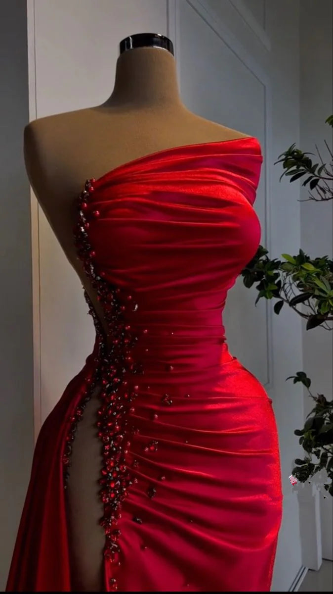 Red Pearl Strapless Prom Dress with Long Slit BM bride