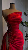 Red Pearl Strapless Prom Dress with Long Slit BM bride