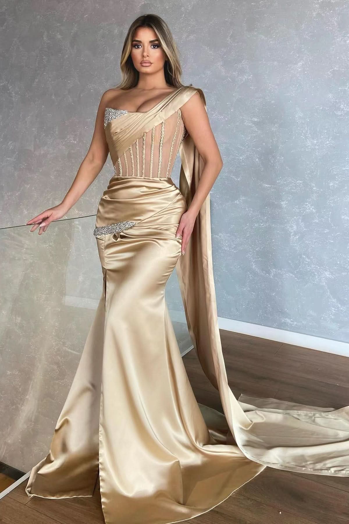 Amazing Champagne One-Shoulder Sleeveless Mermaid Prom Dress with Slit and Ruffles BM bride