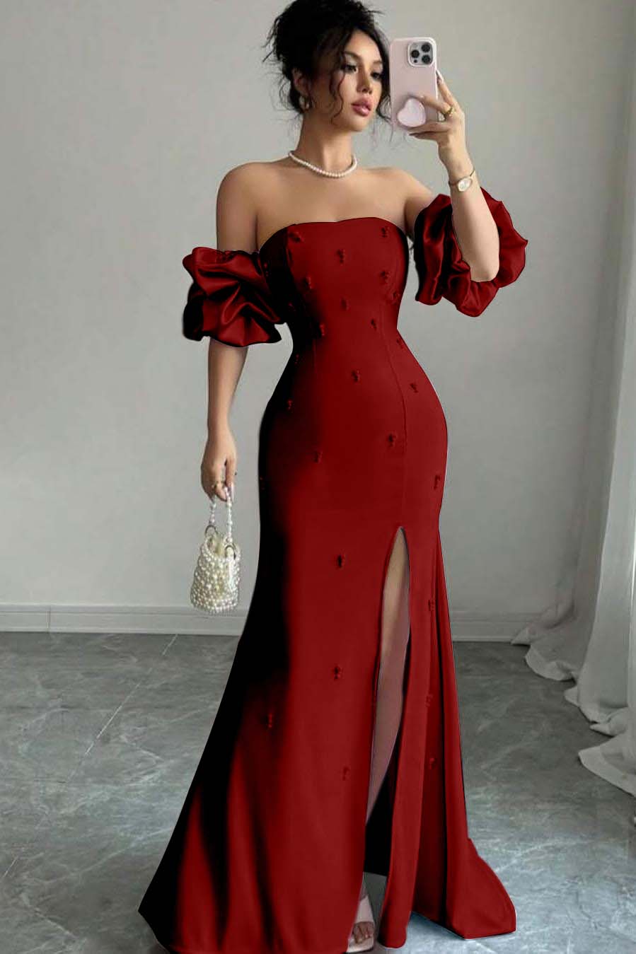 Strapless Bubble Sleeves Long Split Prom Dress With Beading BMBRIDE