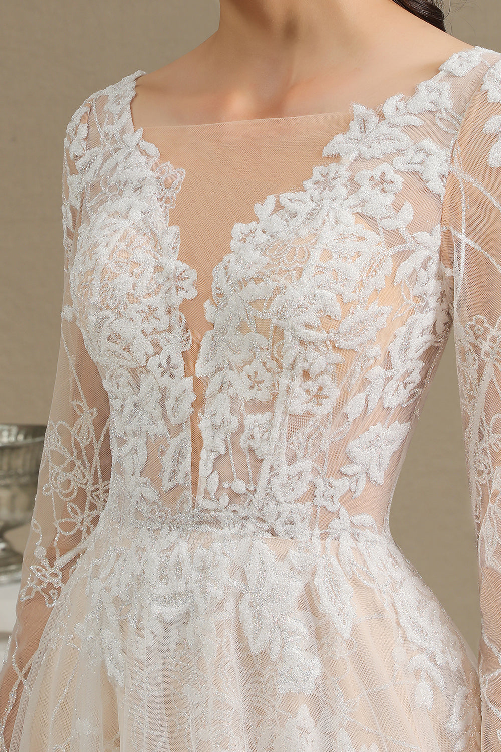 Sheer Long Sleeve A-Line Illusion Tulle Wedding Dress with Lace BM bride