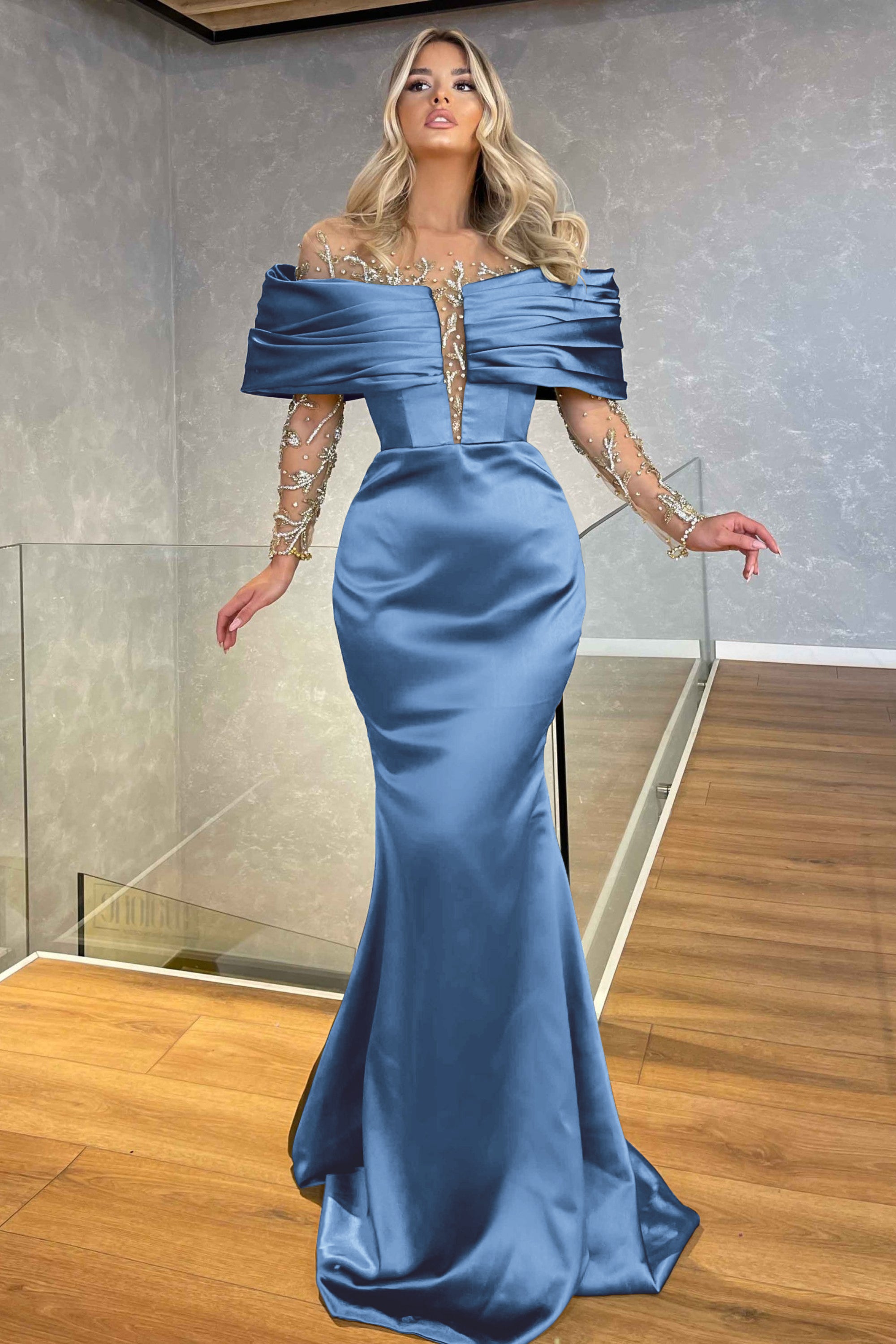 Green Prom Dress Off the Shoulder Long Sleeves Beading Embellished BMBRIDE