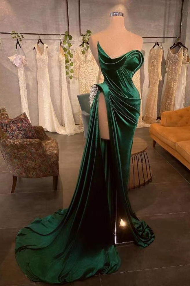 Strapless Sleeveless Long Prom Dress With High Split Pleated Beading