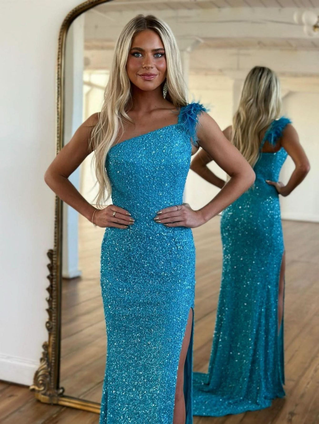 Glamorous Mermaid One Shoulder Sequins Prom Dress With Slit BM bride