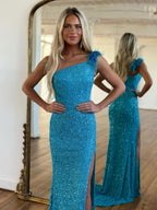Glamorous Mermaid One Shoulder Sequins Prom Dress With Slit BM bride