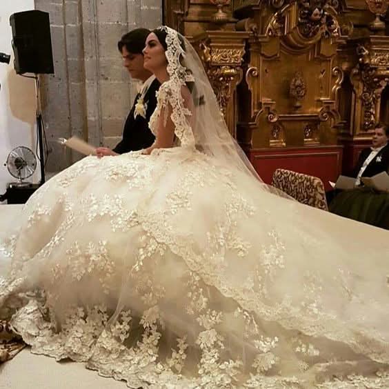 Bateau Long Sleeve Backless Floor-Length Princess Wedding Dress with Lace Appliques and Ruffles BM bride