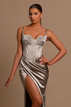 Grey Ball Gown Evening Dress with Slit Pleated Spaghetti Straps BM bride