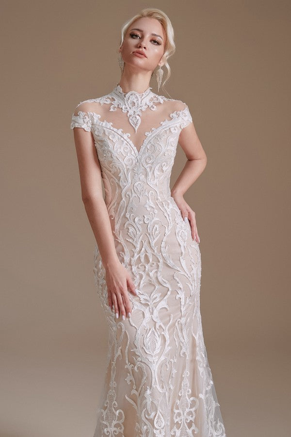 Sleeveless Mermaid Wedding Dress High-neck Lace With Sleeves BM bride