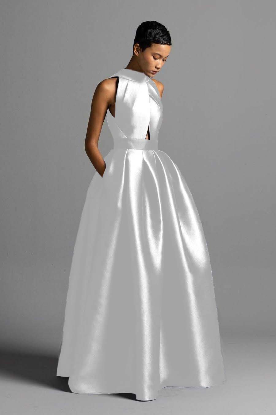 Halter Sleeveless High Waist Long Prom Dress With Pocket Pleated BMBRIDE
