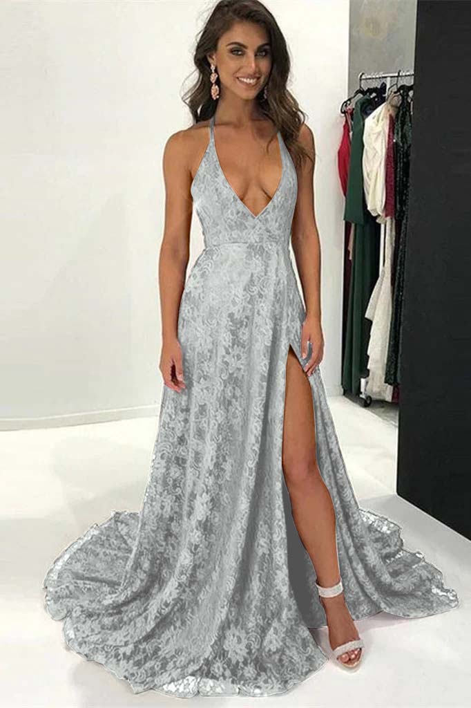 Burgundy Modern Halter Deep V Neck Backless Long Lace Prom Dress With Split BMBRIDE