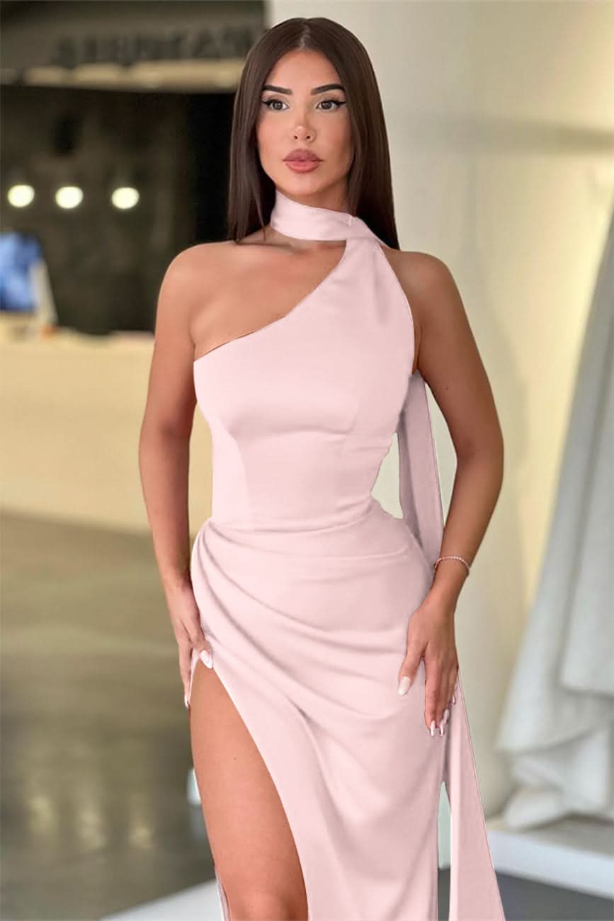 Red High Collar Long Mermaid Prom Dress with Slit and Ruffles BM bride