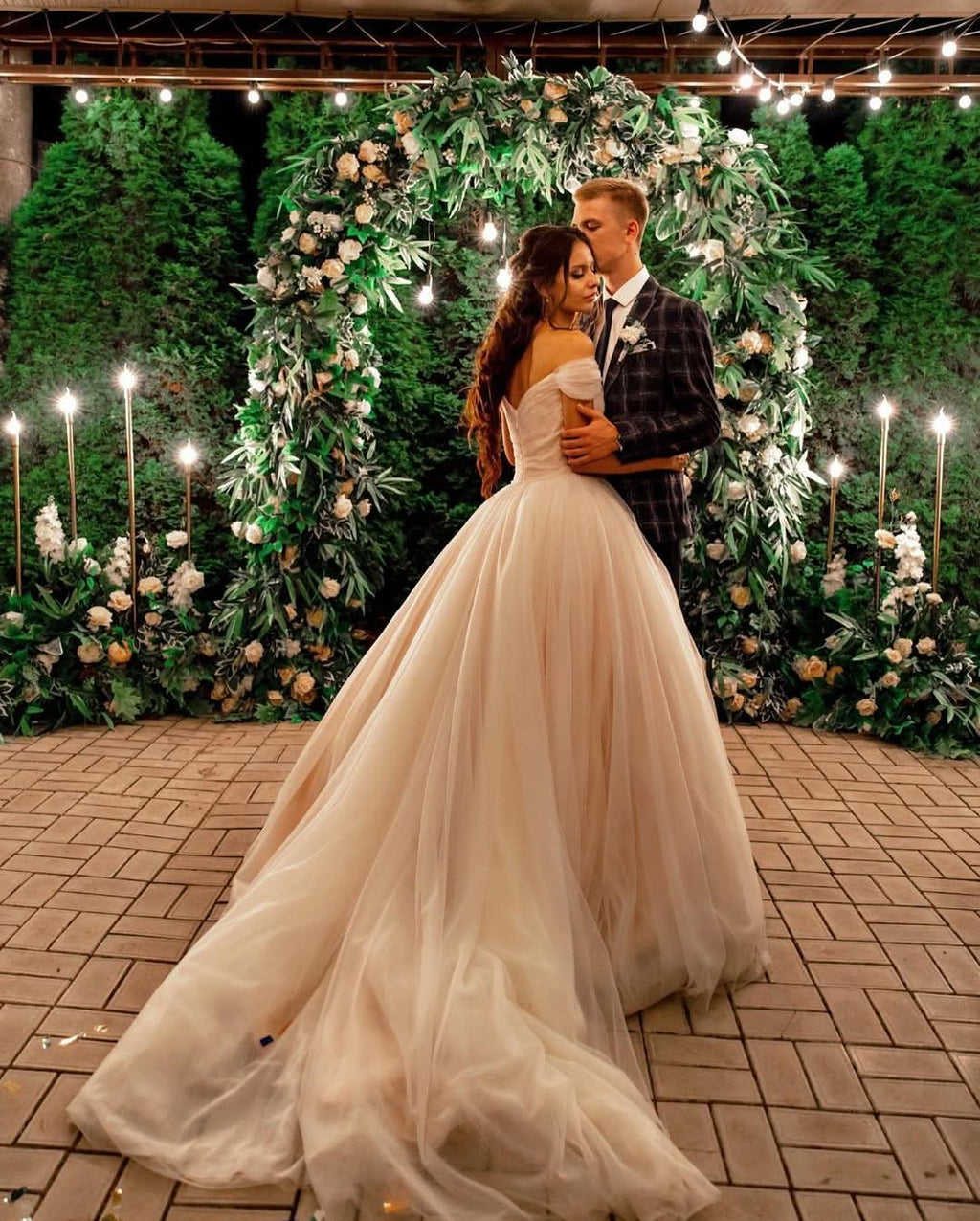 Tulle Off-the-Shoulder A-Line Long Wedding Dress with Chapel Train BM bride