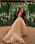 Tulle Off-the-Shoulder A-Line Long Wedding Dress with Chapel Train BM bride