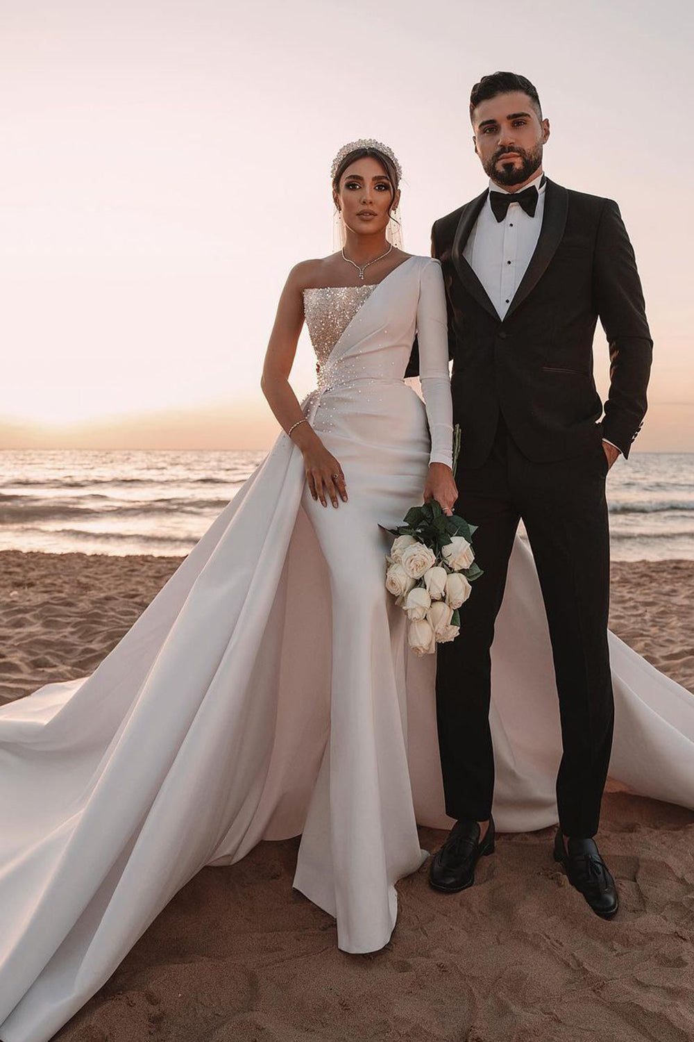 Charming One-Shoulder Long Sleeve A-Line Wedding Dress with Sequins BM bride