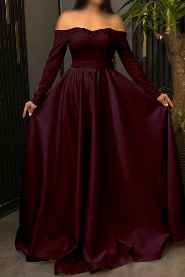Off the Shoulder Long Sleeves Long Prom Dress With Pleated Beading BMBRIDE