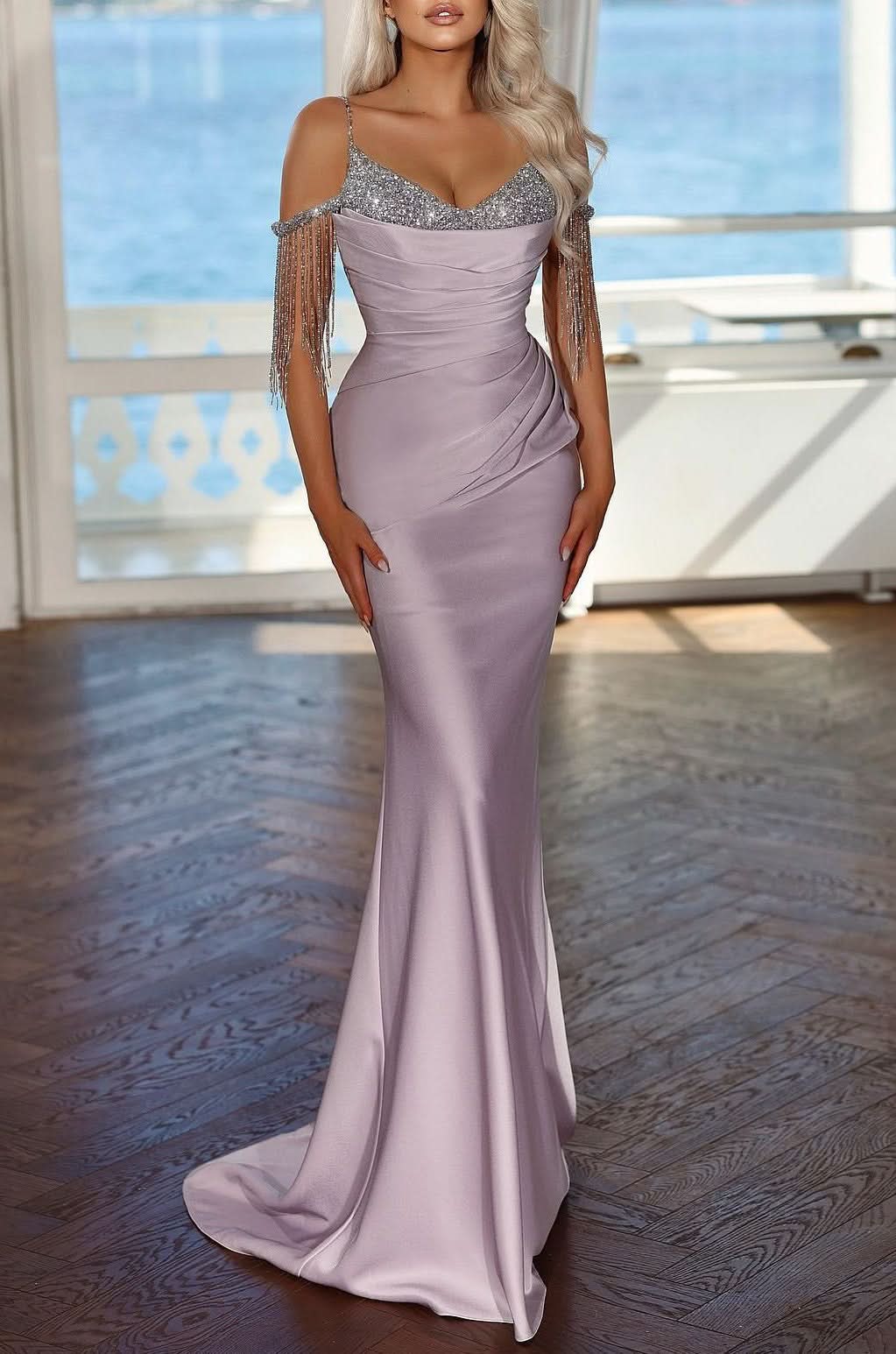 Elegant Lavender Long Evening Dress with Spaghetti Straps and Sequins Tassel BM bride