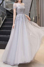 Gorgeous Tulle Long Prom Dress With Short Sleeves Sequins Online
