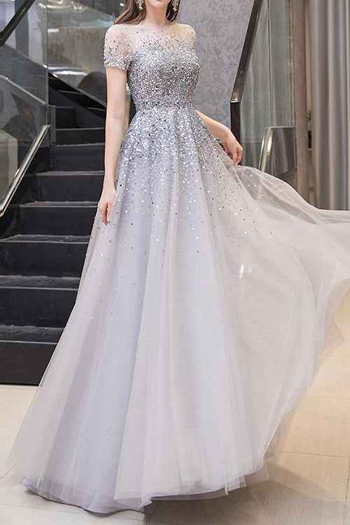 Gorgeous Tulle Long Prom Dress With Short Sleeves Sequins Online