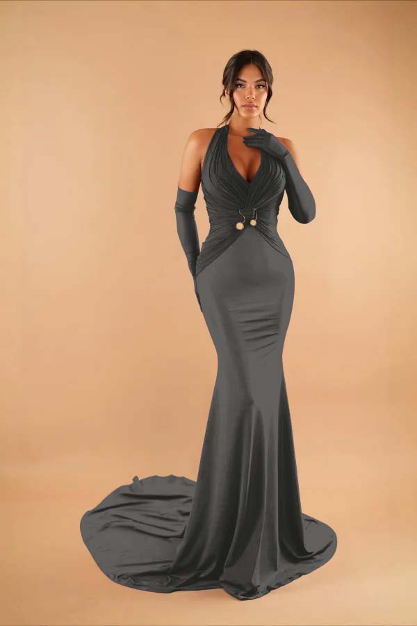 Halter Sleeveless Long Mermaid Prom Dress With Pleated Gloves BMBRIDE