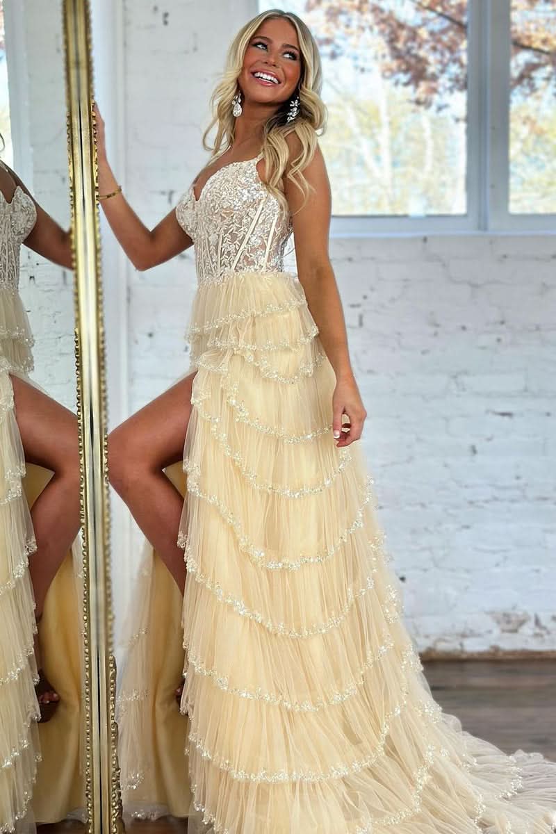 Charming A-Line Sweetheart Champagne Tulle Prom Dress with Appliques BM bride