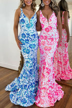 Dazzling Pink V Neck Sequin Lace Mermaid Prom Dress BM bride