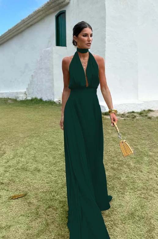 Charming Sleeveless Halter V Neck Long Prom Dress With Pleated BMBRIDE