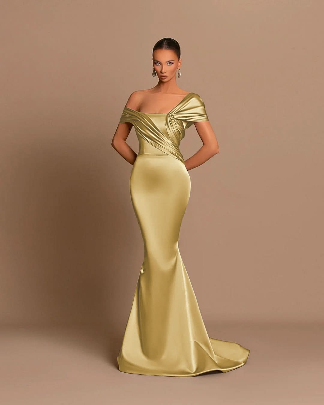Grey Off-The-Shoulder Bateau Pleated Ball Gown Evening Dress BM bride