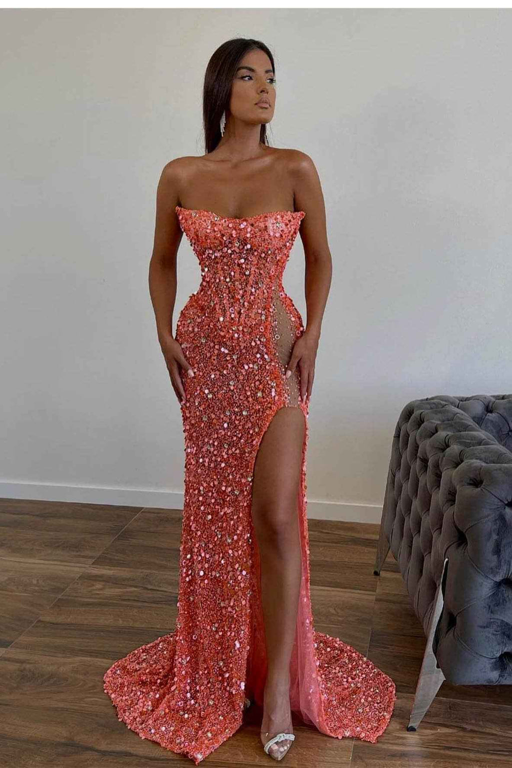 Gorgeous Sequins Mermaid Sweetheart Prom Dress Split With Sleeveless Orange