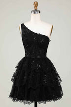 Sparkly Navy Tiered Lace One Shoulder A-Line Short Homecoming Dress Bmbride
