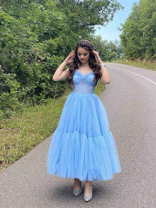 Blue A Line Sweetheart Neck Tulle Tea Length Prom Dress BMBRIDE