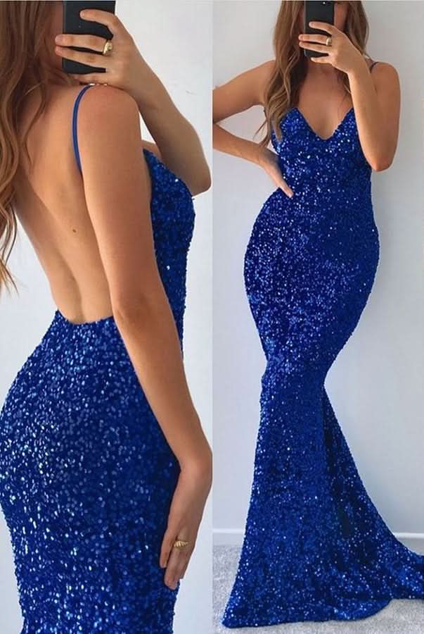 Royal Blue Sequined Spaghetti-Straps V-Neck Mermaid Prom Dress with Split BM bride