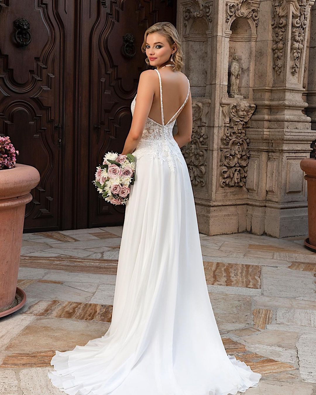 Long A-Line Split V-Neck Wedding Dress with Chiffon Lace BM bride