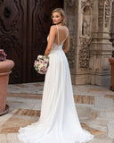 Long A-Line Split V-Neck Wedding Dress with Chiffon Lace BM bride