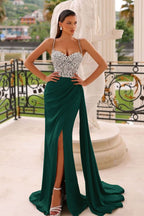 Dusty Sage Sleeveless Prom Dress with Spaghetti Strap and Rhinestone Beadings BM bride
