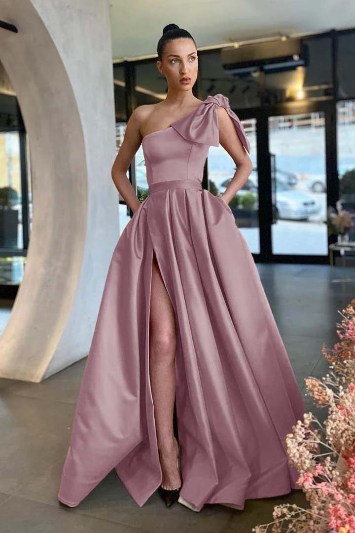 One Shoulder Sleeveless Long Split Prom Dress With Pockets Pleated