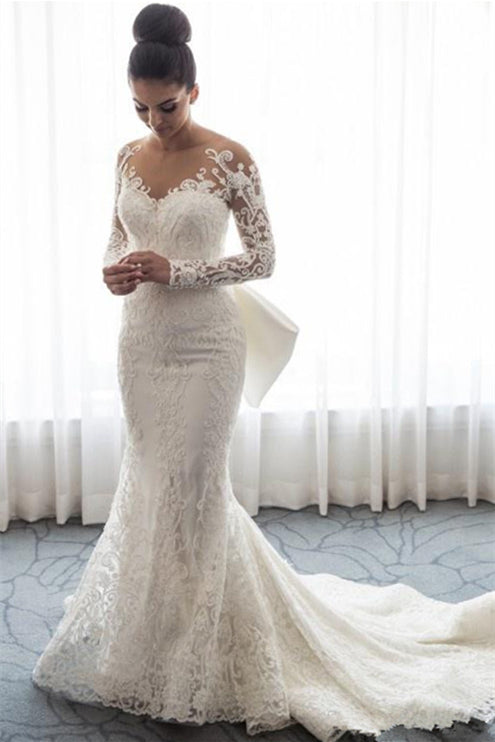 Amazing Long Sleeve Mermaid Lace Wedding Dress with Bowknot and Detachable Skirt BM bride
