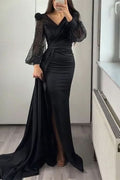 Sequins V-Neck Long Sleeves Mermaid Evening Dress with Split and Ruffle BM bride