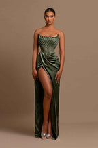 Attractive Green Sleeveless Pleated Mermaid Prom Dress With Split