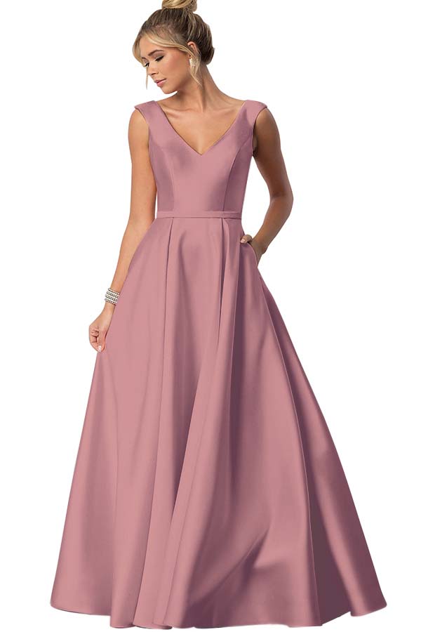 Straps V Neck Sleeveless Long Prom Dress With Pockets Pleated