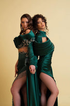 Dark Green Long Sleeves Charmeuse Prom Dress with Tassel High Slit Trail BM bride