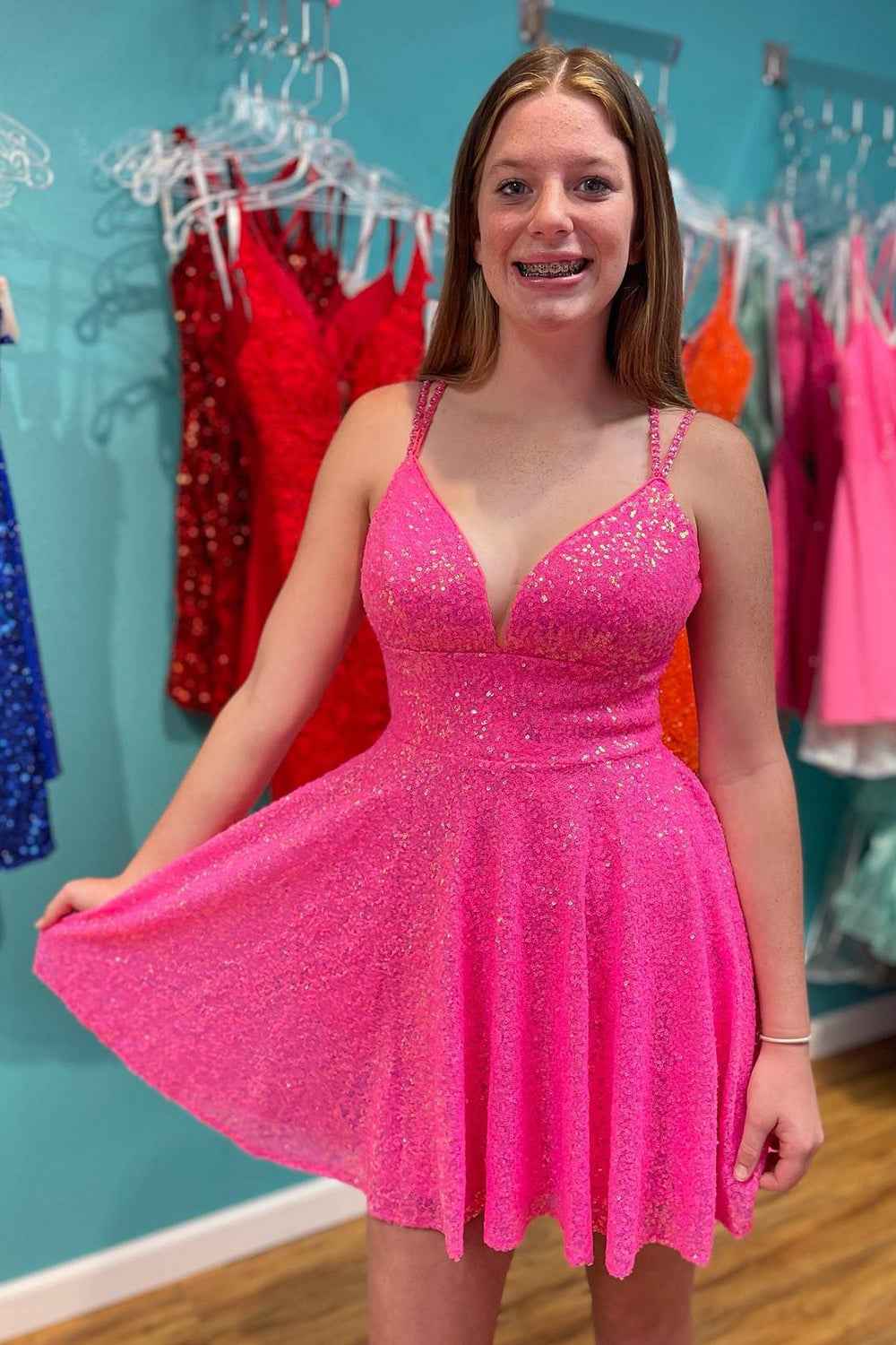 Sparkly Hot Pink Open Back Sequins A-Line Short Homecoming Dress