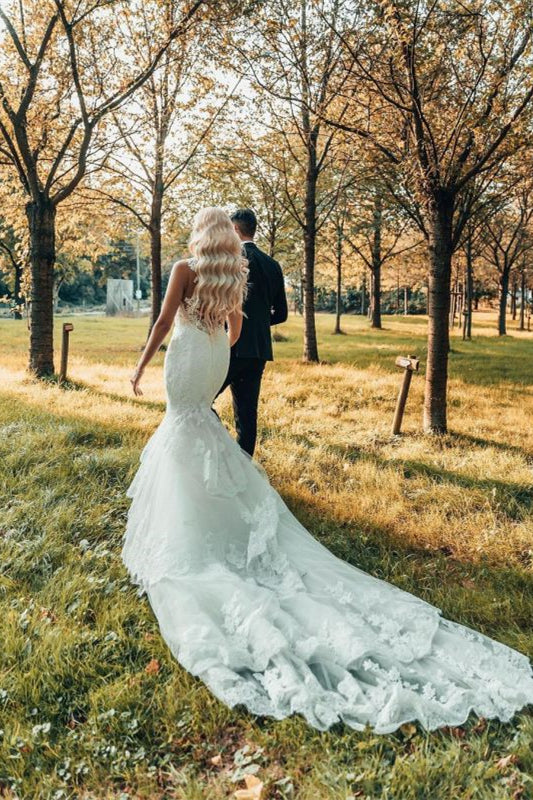 Sleeveless Lace Mermaid Wedding Dress with Chapel Train BM bride