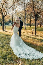 Sleeveless Lace Mermaid Wedding Dress with Chapel Train BM bride