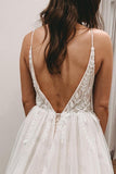 Long A-line V-neck Wedding Dress Open Back With Slit Lace Tulle BM bride