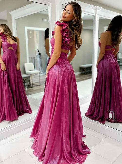 Fuchsia A-Line One Shoulder Metallic Long Prom Dress with Slit BMBRIDE