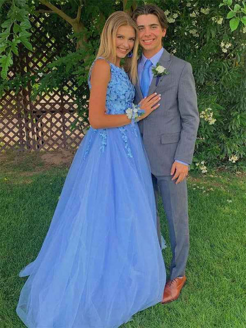 Blue A Line One Shoulder Tulle Long Prom Dress with Appliques BMBRIDE