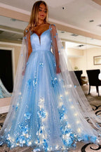 Lovely Lavender 3D Floral Lace A-Line Prom Dress with Cape Sleeves BM bride